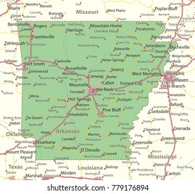 Arkansas map. Shows state borders, urban areas, place names, roads and highways.Projection: Mercator.