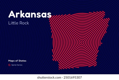 Arkansas Map in Spiral Formation: Little Rock Takes Center Stage. Fingerprint and stripes pattern. American states maps