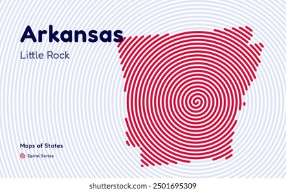 Arkansas Map in Spiral Formation: Little Rock Takes Center Stage. Fingerprint and stripes pattern. American states maps