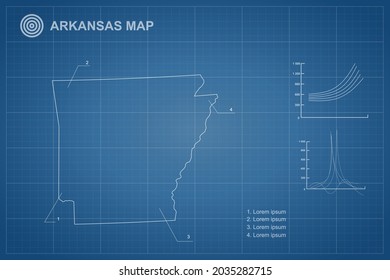 Arkansas map - State of USA Map International vector template with outline style and white color isolated on blueprint background - Vector illustration eps 10