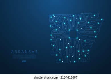 Arkansas Map - United States of America Map vector with Abstract futuristic circuit board. High-tech technology mash line and point scales on dark background - Vector illustration ep 10