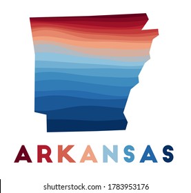 Mapa de Arkansas. Mapa del estado de estados unidos con bellas olas geométricas en colores azul rojo. Forma Vivid Arkansas. Ilustración vectorial.