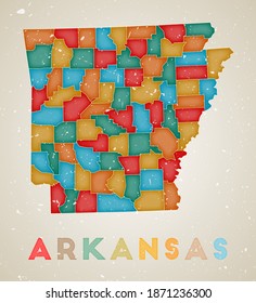 Arkansas map. Us state poster with colored regions. Old grunge texture. Vector illustration of Arkansas with us state name.