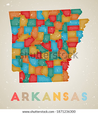 Arkansas map. Us state poster with colored regions. Old grunge texture. Vector illustration of Arkansas with us state name.