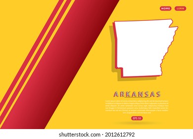 Mapa de Arkansas - EE.UU., Mapa de los Estados Unidos de América, Mapa mundial de la plantilla del vector del mapa con estilo isométrico que incluye sombra, color blanco y rojo en el fondo amarillo - Ilustración vectorial eps 10