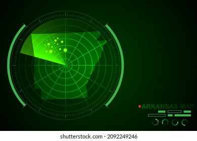 Arkansas Map - USA, United States of America Map vector template with futuristic circle radar style HUD, GUI, UI interface isolated on dark green background for design - Vector illustration eps 10
