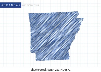 Arkansas Map - USA, United States of America Map vector template with blue outline graphic and pen drawing sketch style isolated on white grid background for design - Vector illustration eps 10