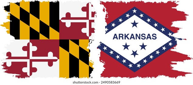 Arkansas and Maryland states grunge brush flags connection, vector