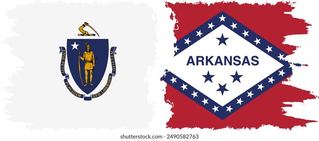 Arkansas and Massachusetts states grunge brush flags connection, vector