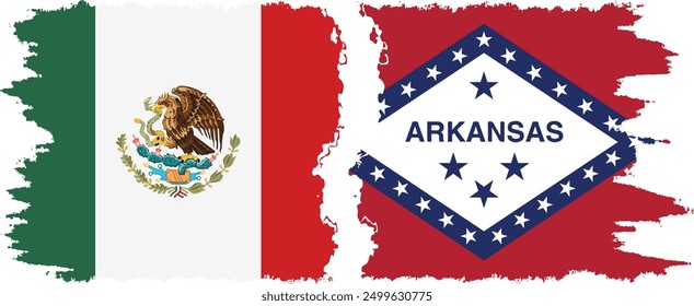 Arkansas and Mexico grunge brush flags connection, vector