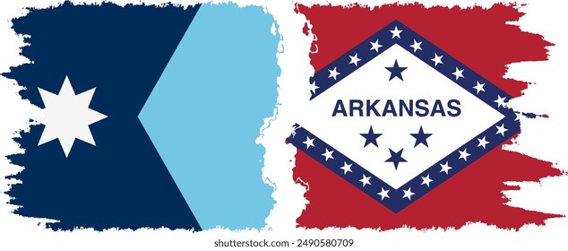 Arkansas and Minnesota states grunge brush flags connection, vector