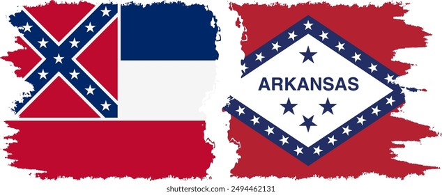 Arkansas and Mississippi states grunge brush flags connection, vector