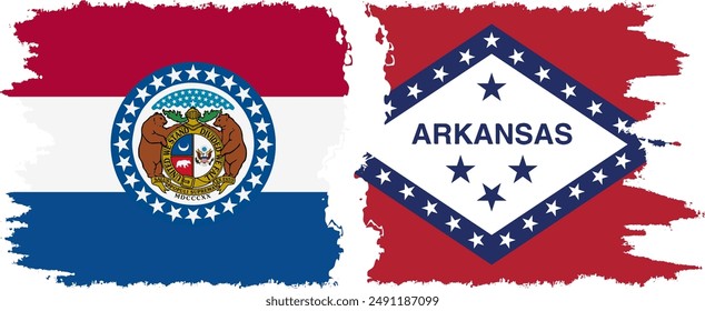 Arkansas and Missouri states grunge brush flags connection, vector