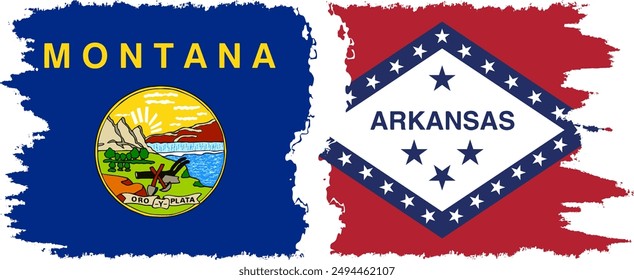 Arkansas and Montana states grunge brush flags connection, vector