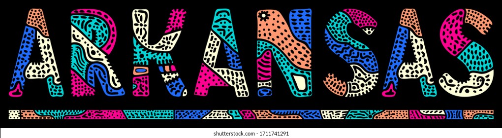 Arkansas. Inscripción de contraste de doodle multicolor aislado. Las curvas estampadas son letras torcidas. Estados Unidos en Arkansas para impresión, ropa, pantalones, souvenir, banner, volante, publicidad. Imagen vectorial de material.