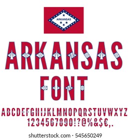 Arkansas National Flag flat stylized Font. Alphabet and Numbers in Vector Set