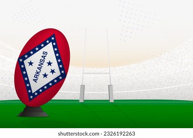 Arkansas national team rugby ball on rugby stadium and goal posts, preparing for a penalty or free kick. Vector illustration.