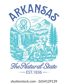 Arkansas The Natural State - Estados Unidos Cityscape T-shirt Vetor, Ícones americanos de referência, Vintage States Cityscape Shirt, Retro Travel City Art, Estados Landmark Quotes, Estado Vacation Illustration