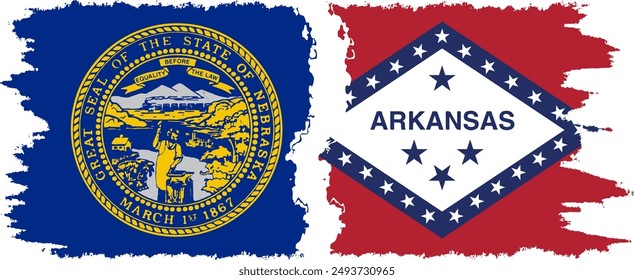 Arkansas and Nebraska states grunge brush flags connection, vector