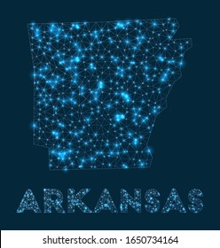 Arkansas network map. Abstract geometric map of the us state. Internet connections and telecommunication design. Vibrant vector illustration.