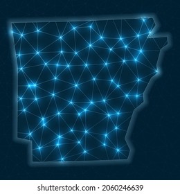 Arkansas Netzwerkkarte. Abstrakte geometrische Karte des uns-Zustands. Digitale Verbindungen und Telekommunikationsdesign. Glühendes Internet-Netzwerk. Attraktive Vektorgrafik.