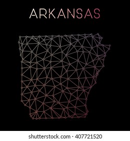 Arkansas network map. Abstract polygonal Arkansas network map design with wired lines and dots. Map of Arkansas network connections. Vector illustration.
