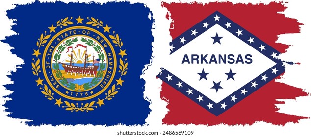 Arkansas and New Hampshire states grunge brush flags connection, vector