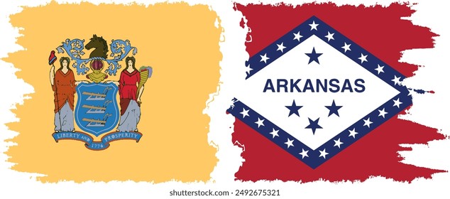 Arkansas and New Jersey states grunge brush flags connection, vector