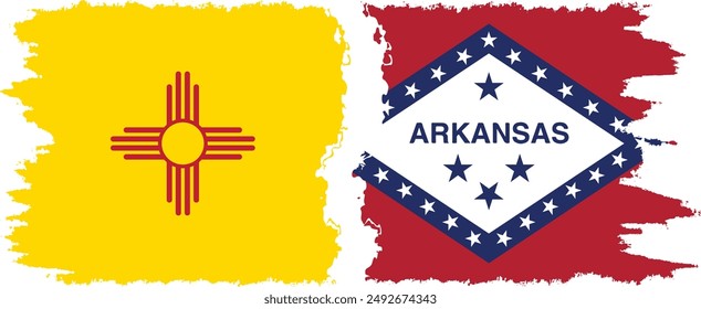 Arkansas and New Mexico states grunge brush flags connection, vector