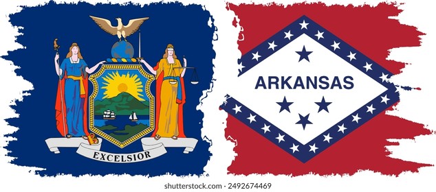 Arkansas and New York states grunge brush flags connection, vector