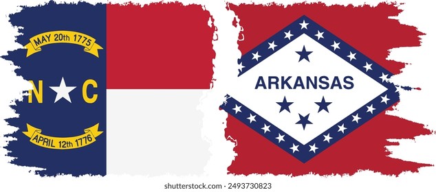 Arkansas and North Carolina states grunge brush flags connection, vector