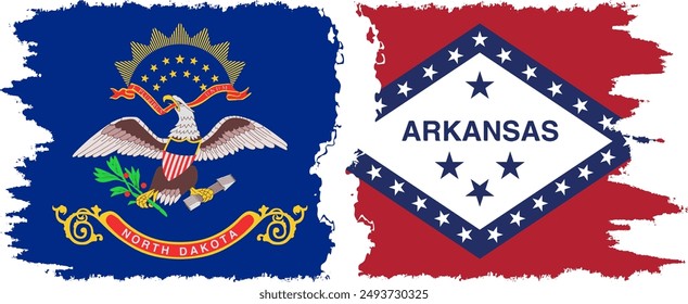 Arkansas and North Dakota states grunge brush flags connection, vector