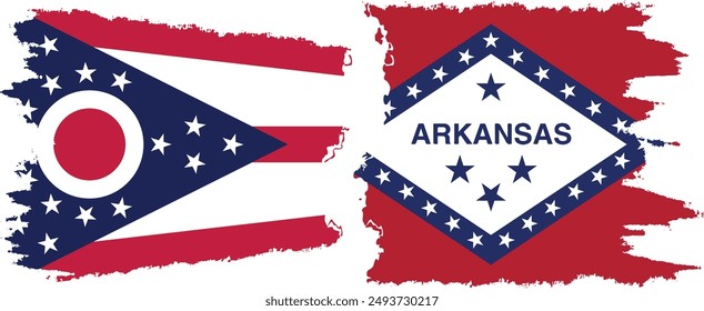 Arkansas and Ohio states grunge brush flags connection, vector