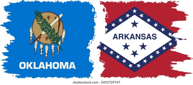 Arkansas and Oklahoma states grunge brush flags connection, vector