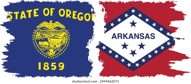 Arkansas and Oregon states grunge brush flags connection, vector