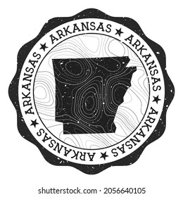 Arkansas outdoor stamp. Round sticker with map of us state with topographic isolines. Vector illustration. Can be used as insignia, logotype, label, sticker or badge of the Arkansas.