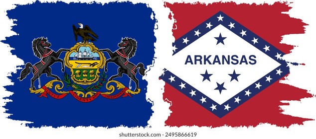 Arkansas and Pennsylvania states grunge brush flags connection, vector