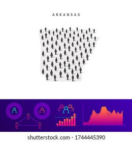 Arkansas people map. Detailed vector silhouette. Mixed crowd of men and women icons. Population infographic elements. Vector illustration isolated on white.