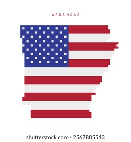 Arkansas pixel flag map icon. 8 bit pixel art map covered with american flag. Flat vector illustration isolated on white background.