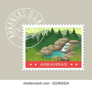 Arkansas, postage stamp design. Detailed vector illustration of scenic landscape with grunge postmark on separate layer