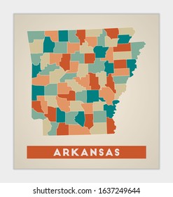 Arkansas poster. Map of the us state with colorful regions. Shape of Arkansas with us state name. Awesome vector illustration.