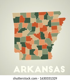 Arkansas poster in retro style. Map of the US state with regions in autumn color palette. Shape of Arkansas with US state name. Neat vector illustration.