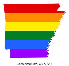Arkansas pride gay vector map with rainbow flag colors. United States of America. 