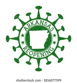 Arkansas Reopening Stamp. Green round badge of us state with map of Arkansas. Us state opening after lockdown. Vector illustration.