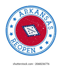 Arkansas Reopening Stamp. Round badge of US State with flag of Arkansas. Reopening after lock-down sign. Vector illustration.