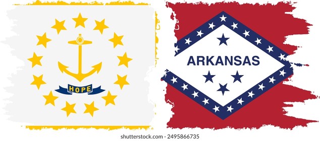 Arkansas and Rhode Island states grunge brush flags connection, vector