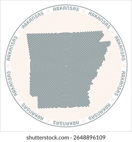 Arkansas round logo design. State shape build of rings. Arkansas text around the state. Vector Illustration.