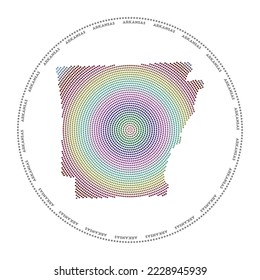 Arkansas round logo. Digital style shape of Arkansas in dotted circle with US state name. Tech icon of the US state with gradiented dots. Appealing vector illustration.