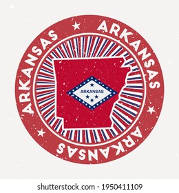 Arkansas round stamp. Logo of us state with state flag. Vintage badge with circular text and stars, vector illustration.