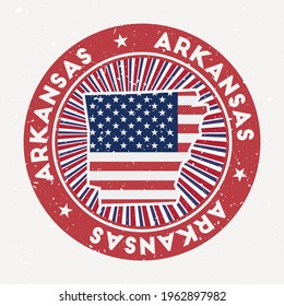 Arkansas round stamp. Logo of us state with flag. Vintage badge with circular text and stars, vector illustration.